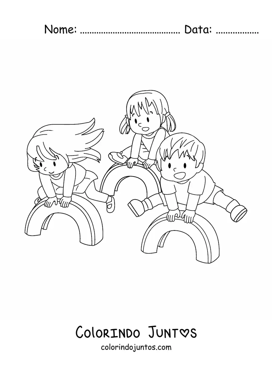 Desenho para colorir de três crianças brincando no parque