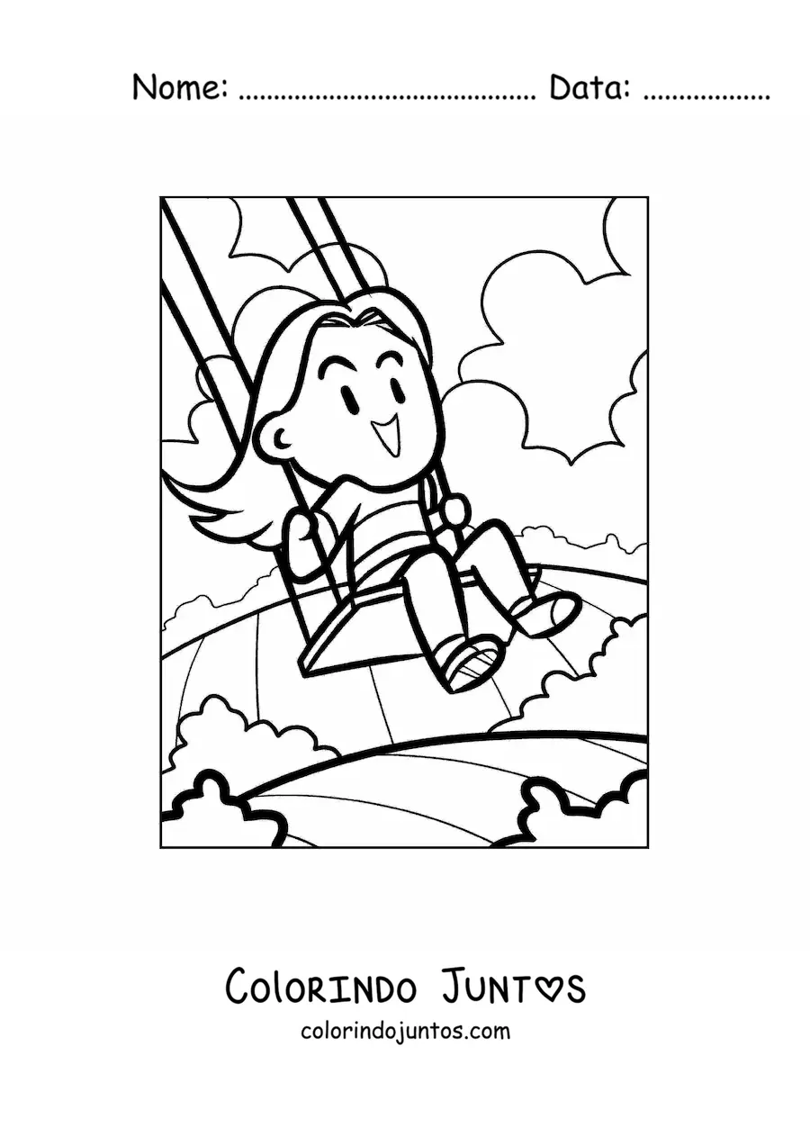 Desenho para colorir de uma menina brincando no balanço
