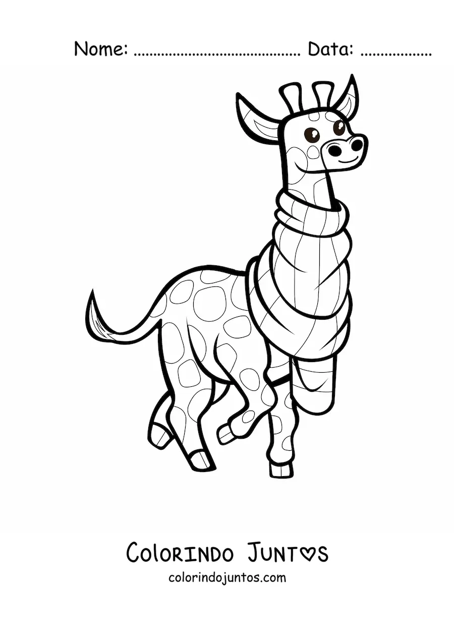 Desenho para colorir de uma girafa animada com um cachecol no pescoço