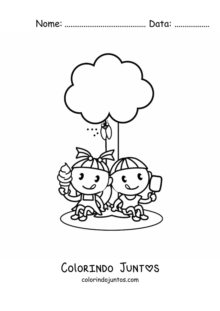 Desenho para colorir de duas crianças kawaii comendo sorvete no parque