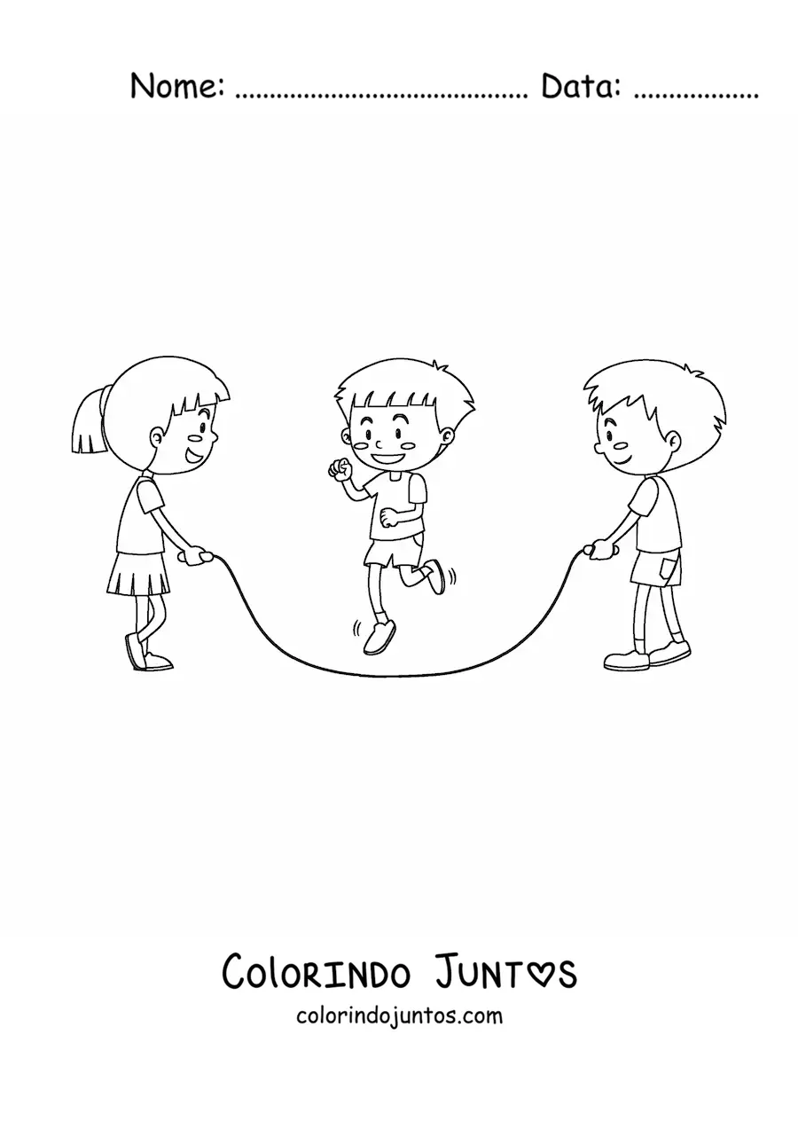 Desenho para colorir de três crianças pulando corda