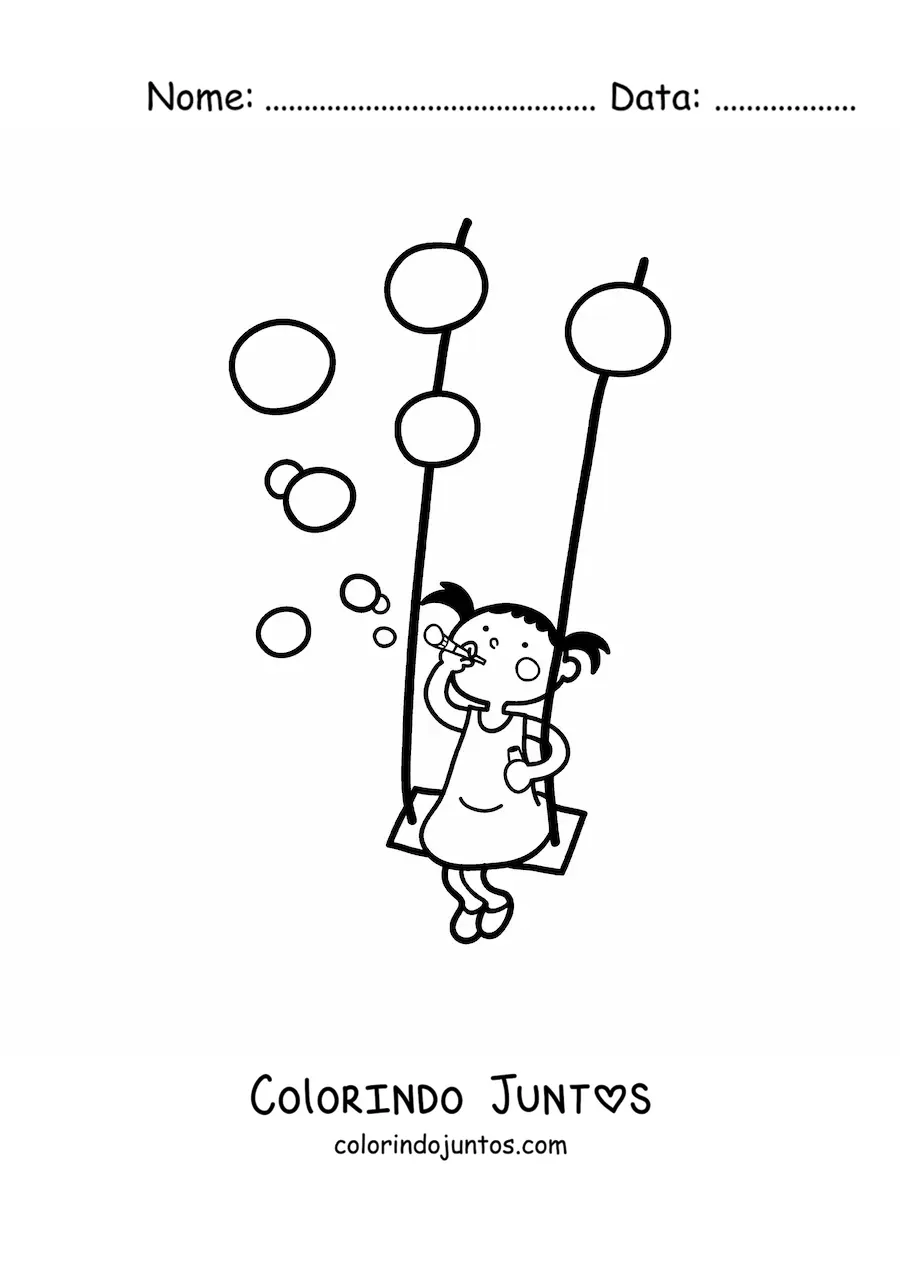 Desenho para colorir de uma menina fazendo bolhas de sabão no balanço