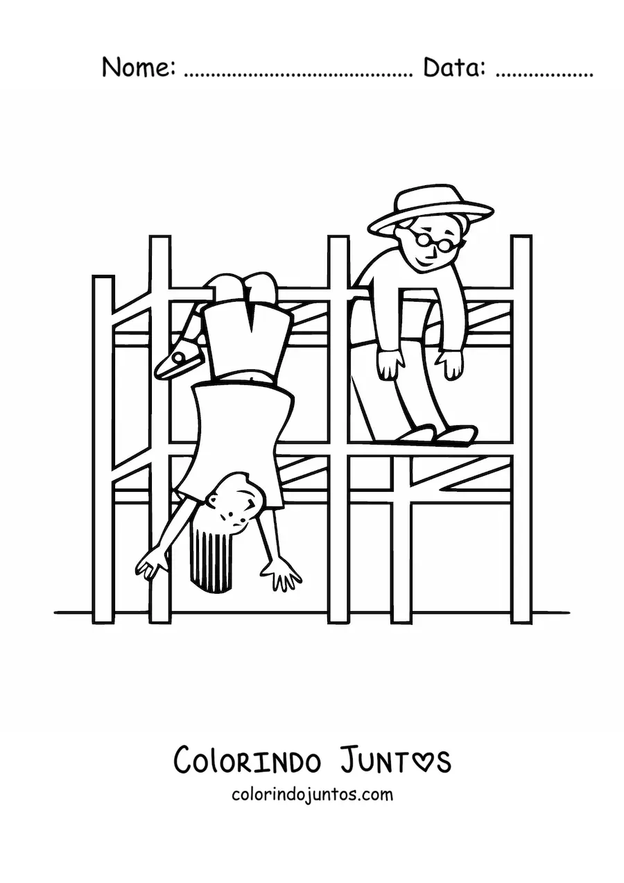 Desenho para colorir de duas crianças brincando no parquinho infantil