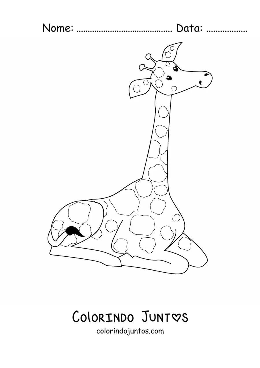 Desenho para colorir de uma girafa animada sentada