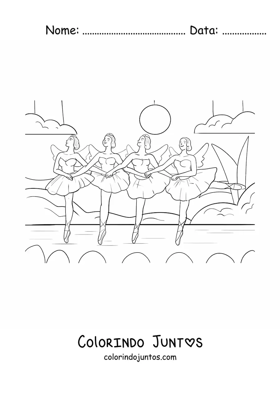 Desenho para colorir de um conjunto de bailarinas no palco