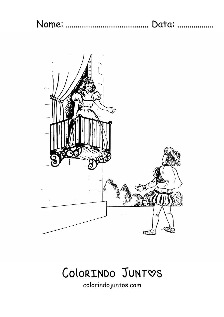 Desenho para colorir de uma cena da peça de Romeu e Julieta