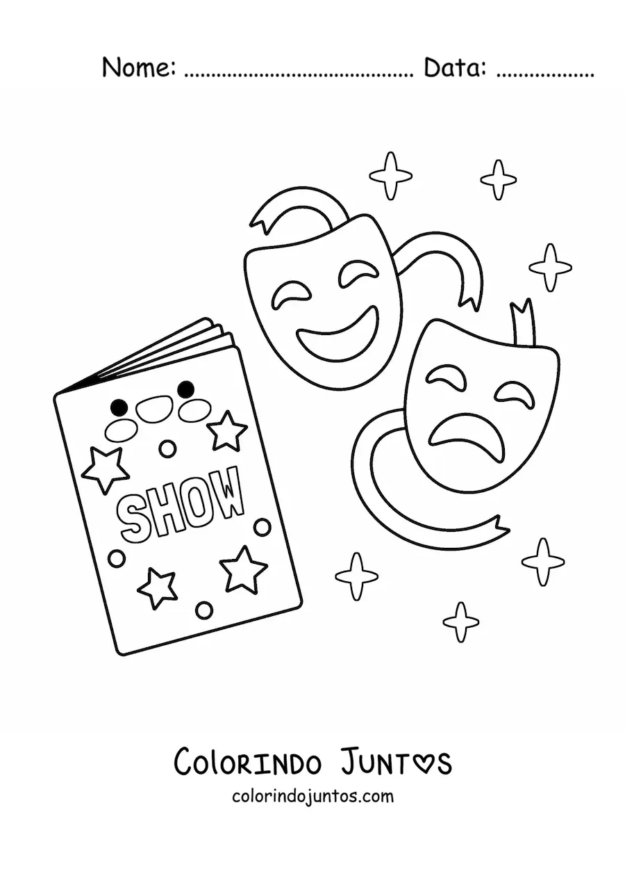 Desenho para colorir de duas máscaras de teatro