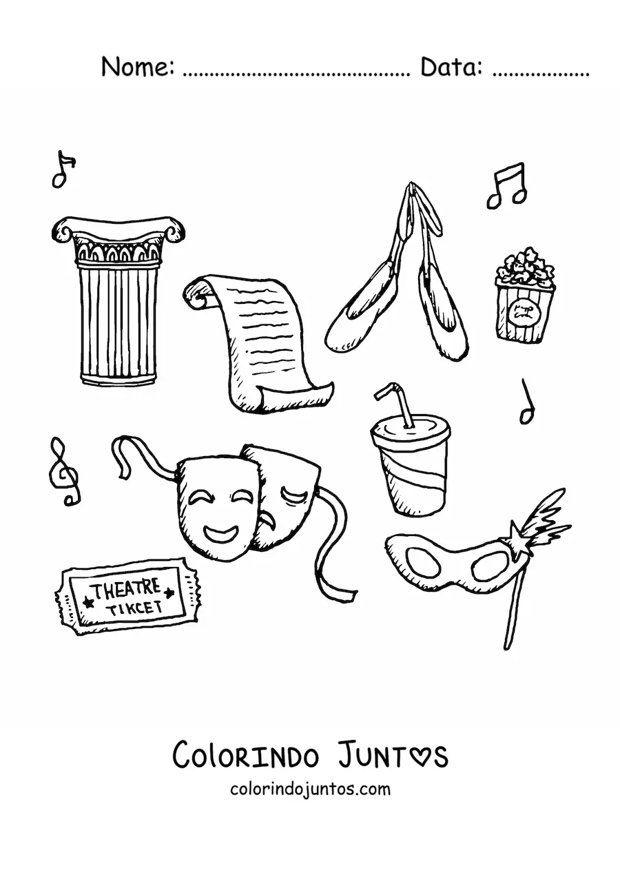 Desenho para colorir dos elementos e símbolos do teatro