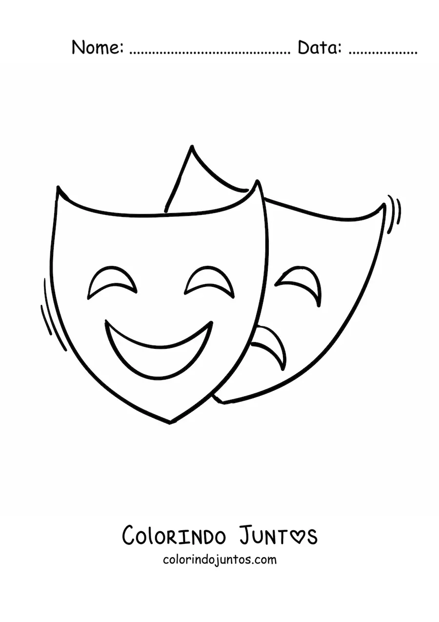Desenho para colorir de máscaras de comédia e tragédia