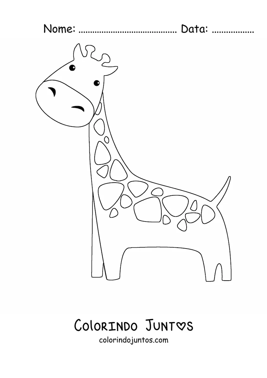 Desenho para colorir de uma girafa kawaii animada com a cabeça inclinada para a direita