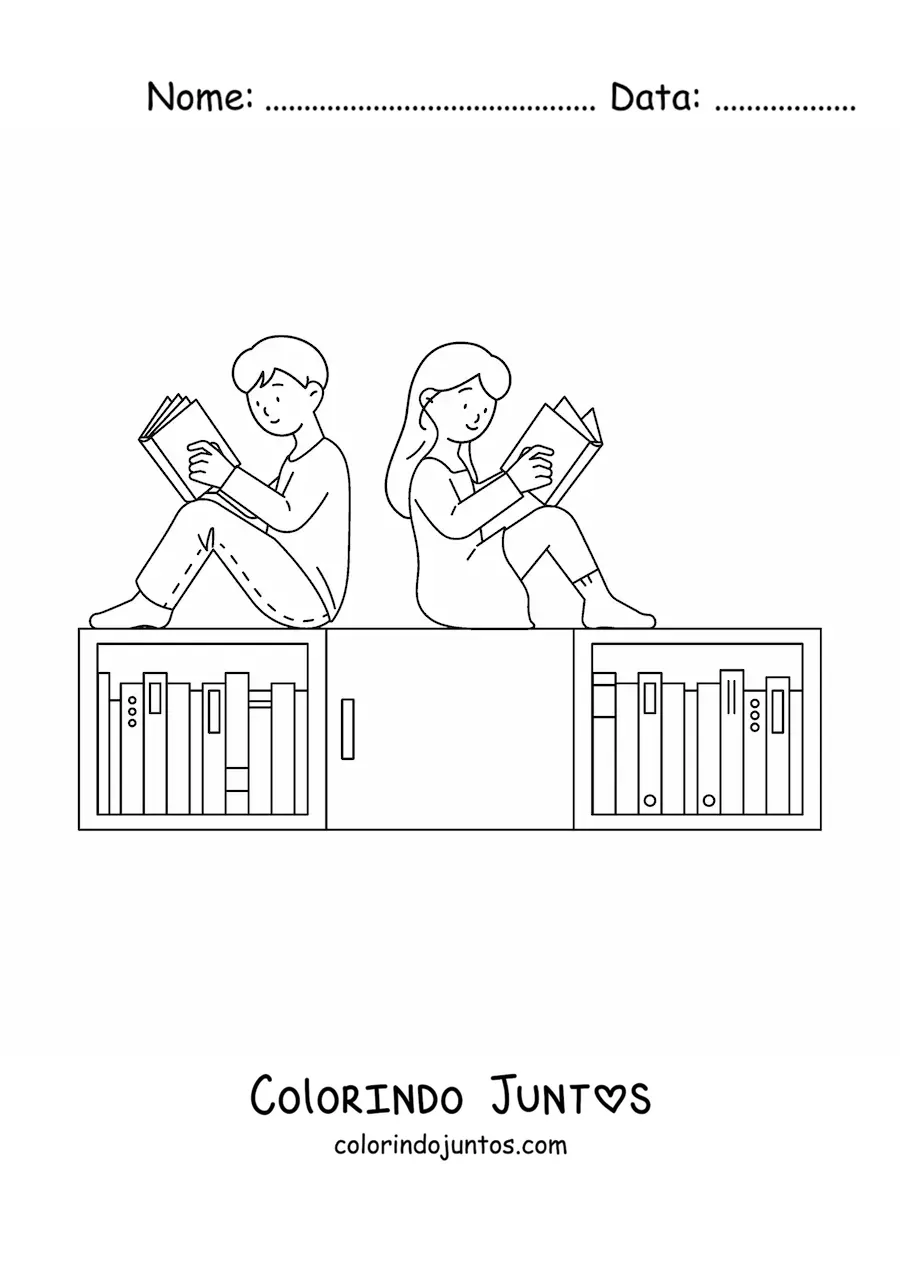 Desenho para colorir de duas crianças lendo na biblioteca