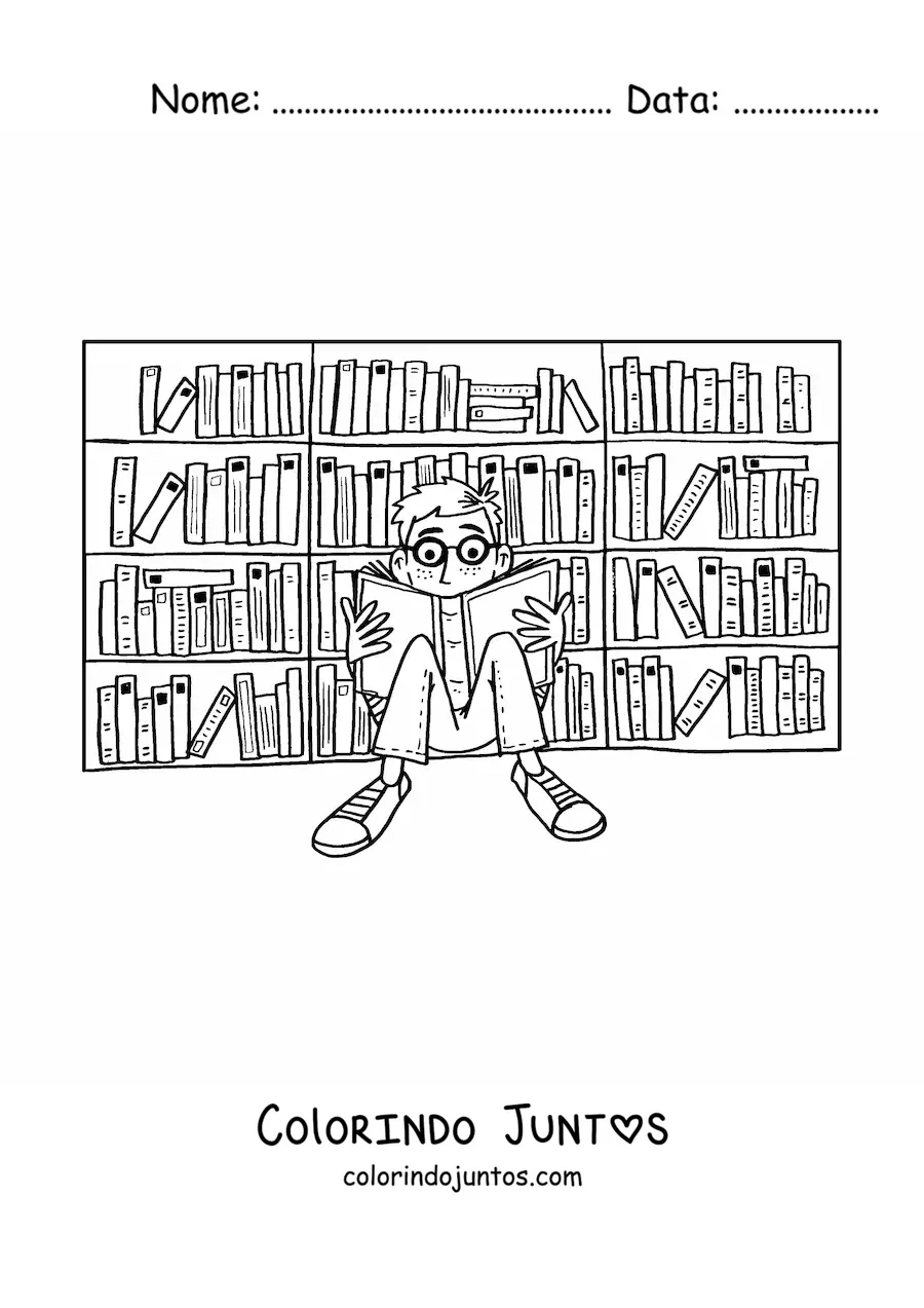 Desenho para colorir de um menino lendo na biblioteca