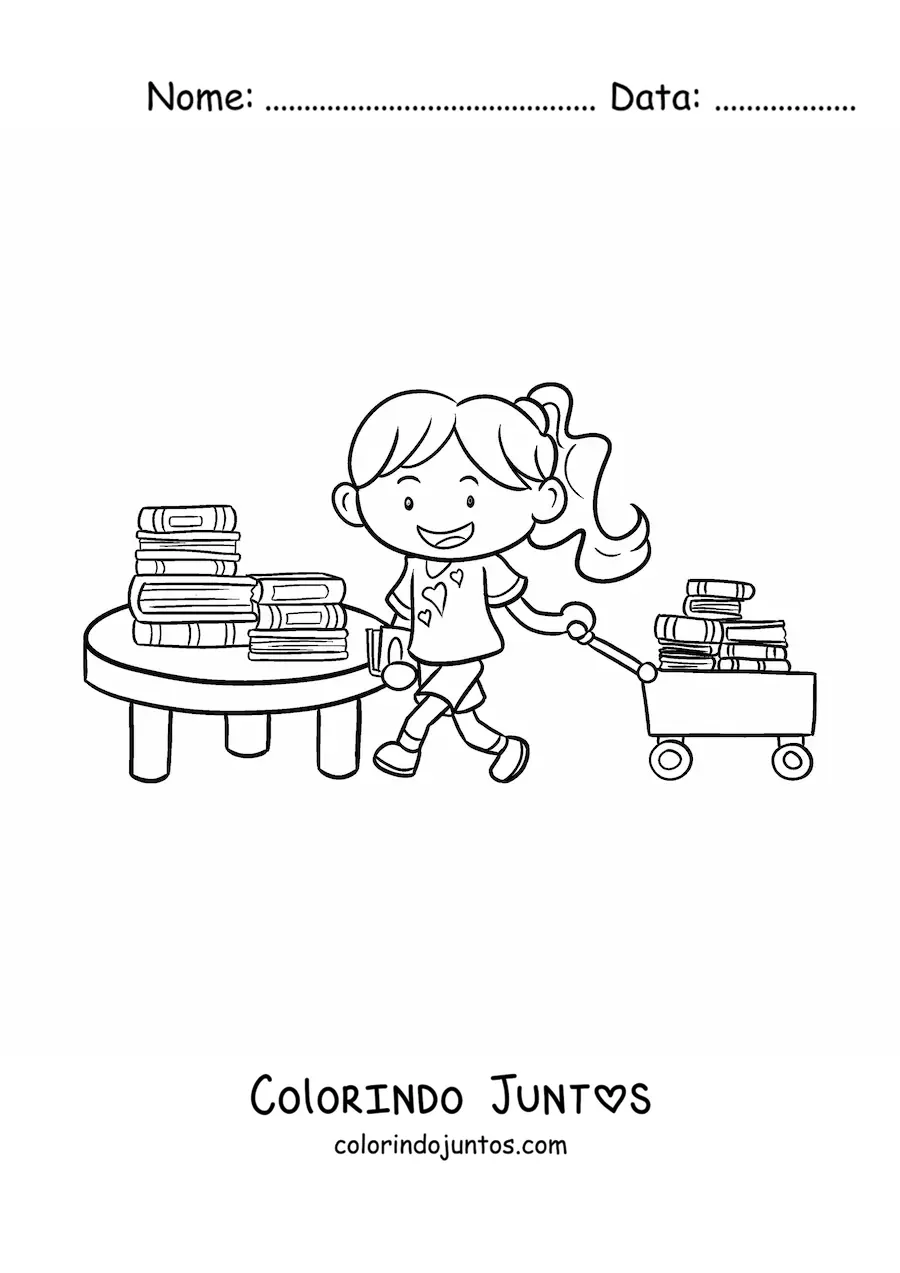 Desenho para colorir de uma menina com livros na biblioteca