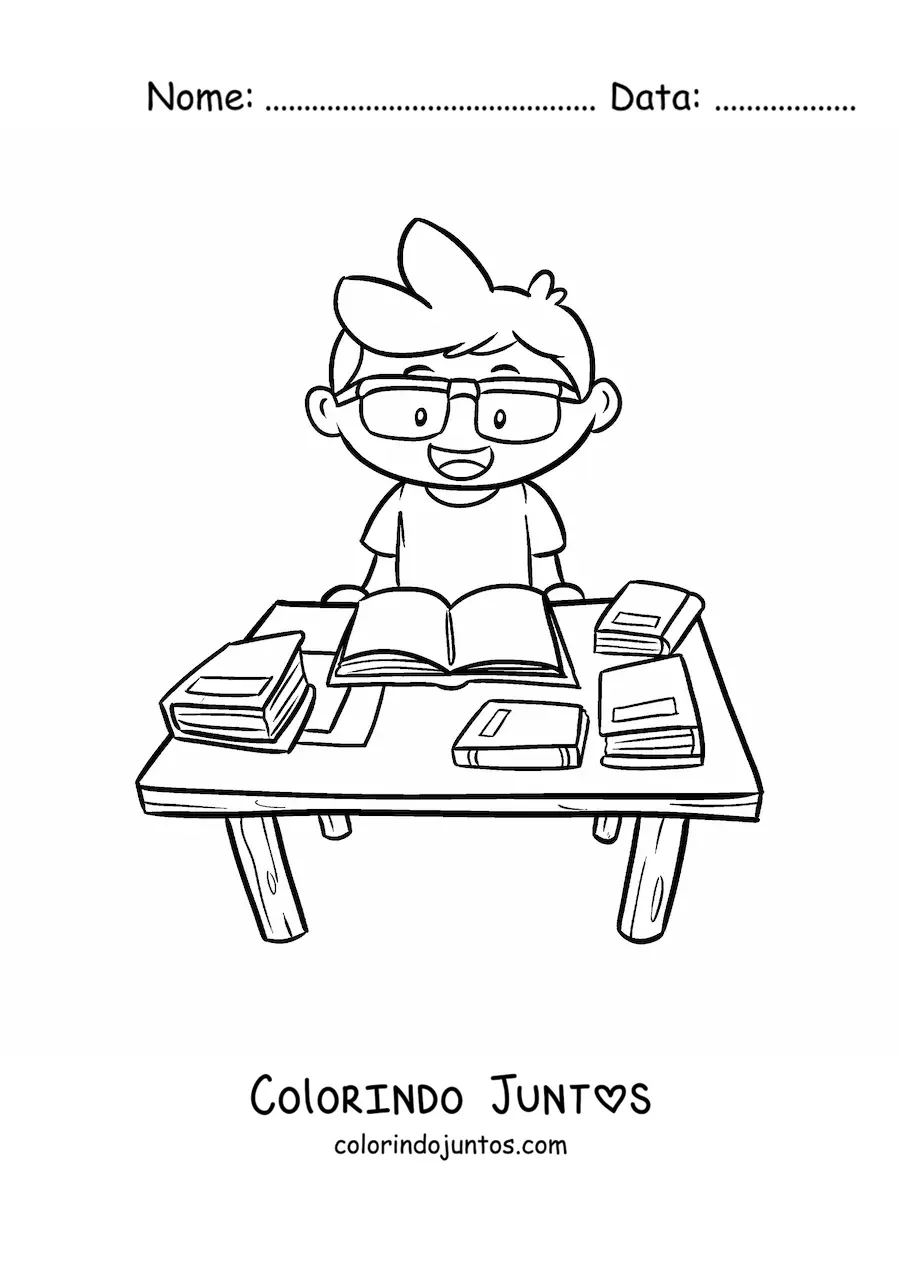 Desenho para colorir de um menino fazendo tarefa na biblioteca da escola