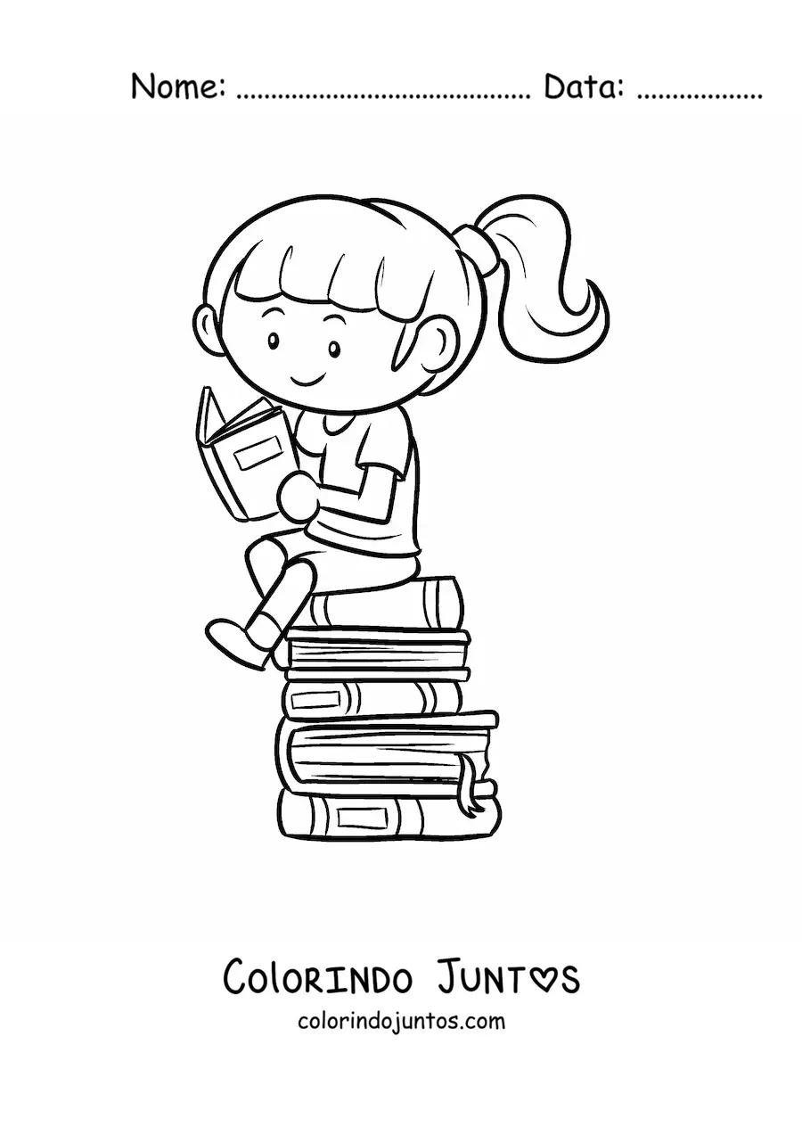 Desenho para colorir de uma menina lendo sentada sobre uma pilha de livros