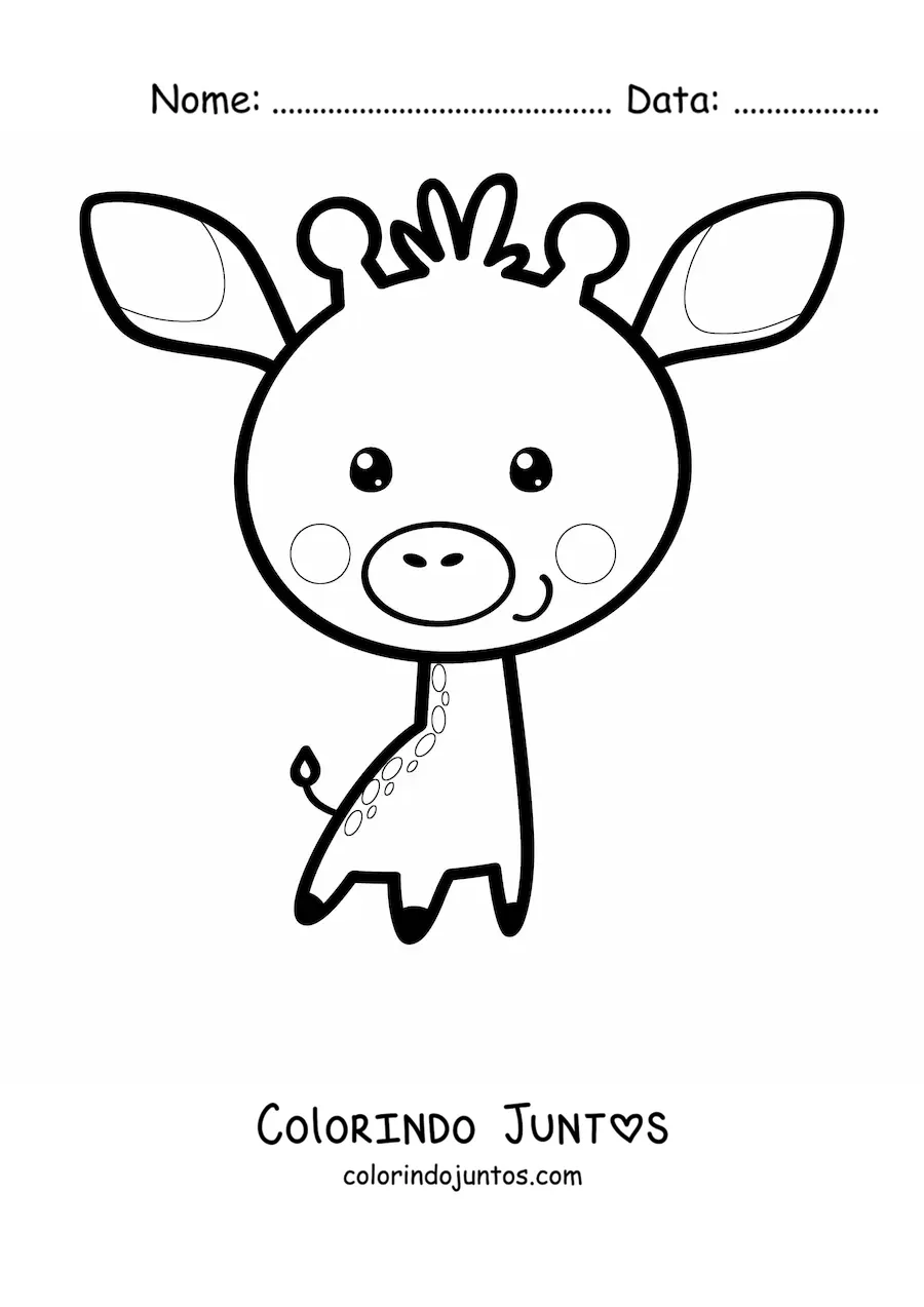 Desenho para colorir de uma girafa kawaii animada de cabeça grande e corpo pequeno