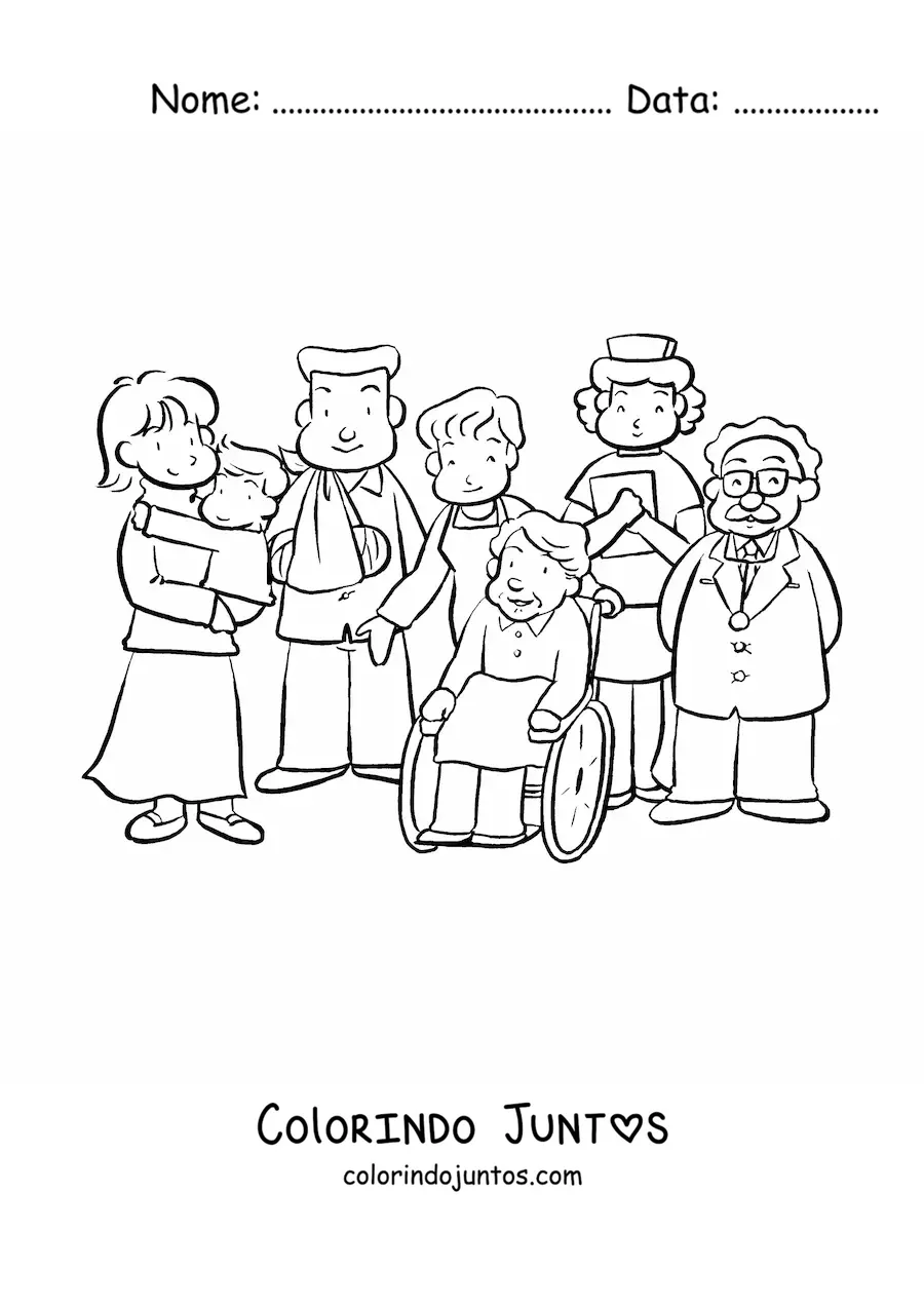 Desenho para colorir de vários pacientes junto à equipe do hospital