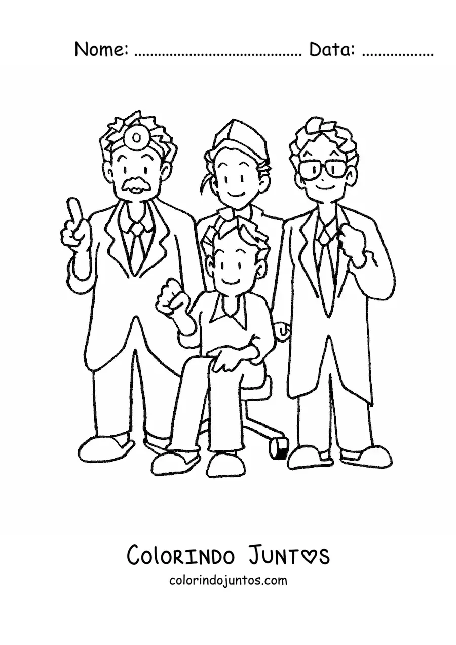 Desenho para colorir de três médicos e um paciente