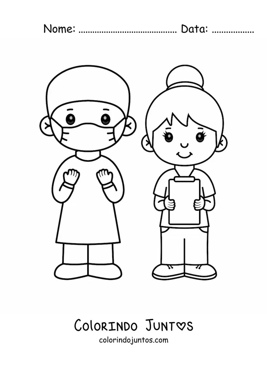Desenho para colorir de um cirurgião e uma enfermeira kawaii