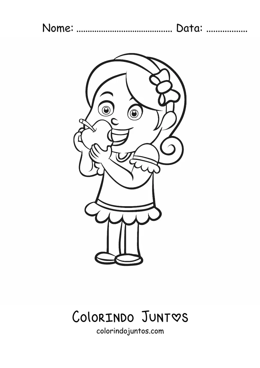 Desenho para colorir de uma menina comendo uma maçã