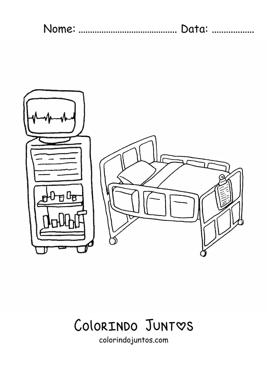 Desenho para colorir de uma cama de hospital e equipamento médico
