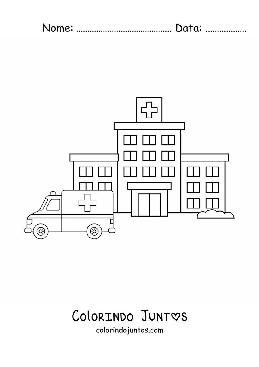 Desenho para colorir de um hospital e uma ambulância