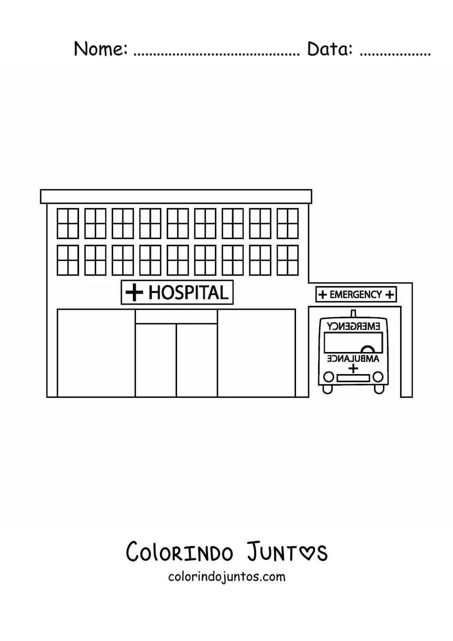 Desenho para colorir de um hospital e uma ambulância estacionada