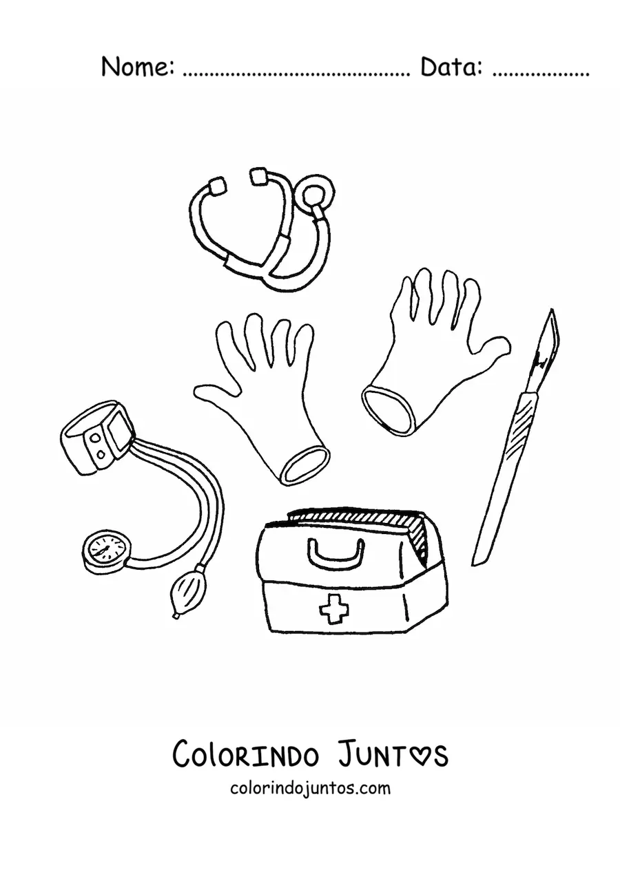 Desenho para colorir de vários instrumentos médicos