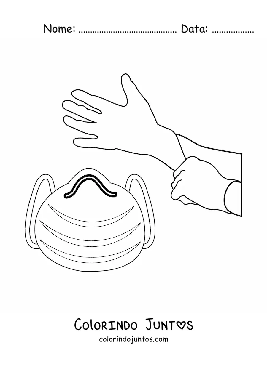 Desenho para colorir de mãos limpas e uma máscara