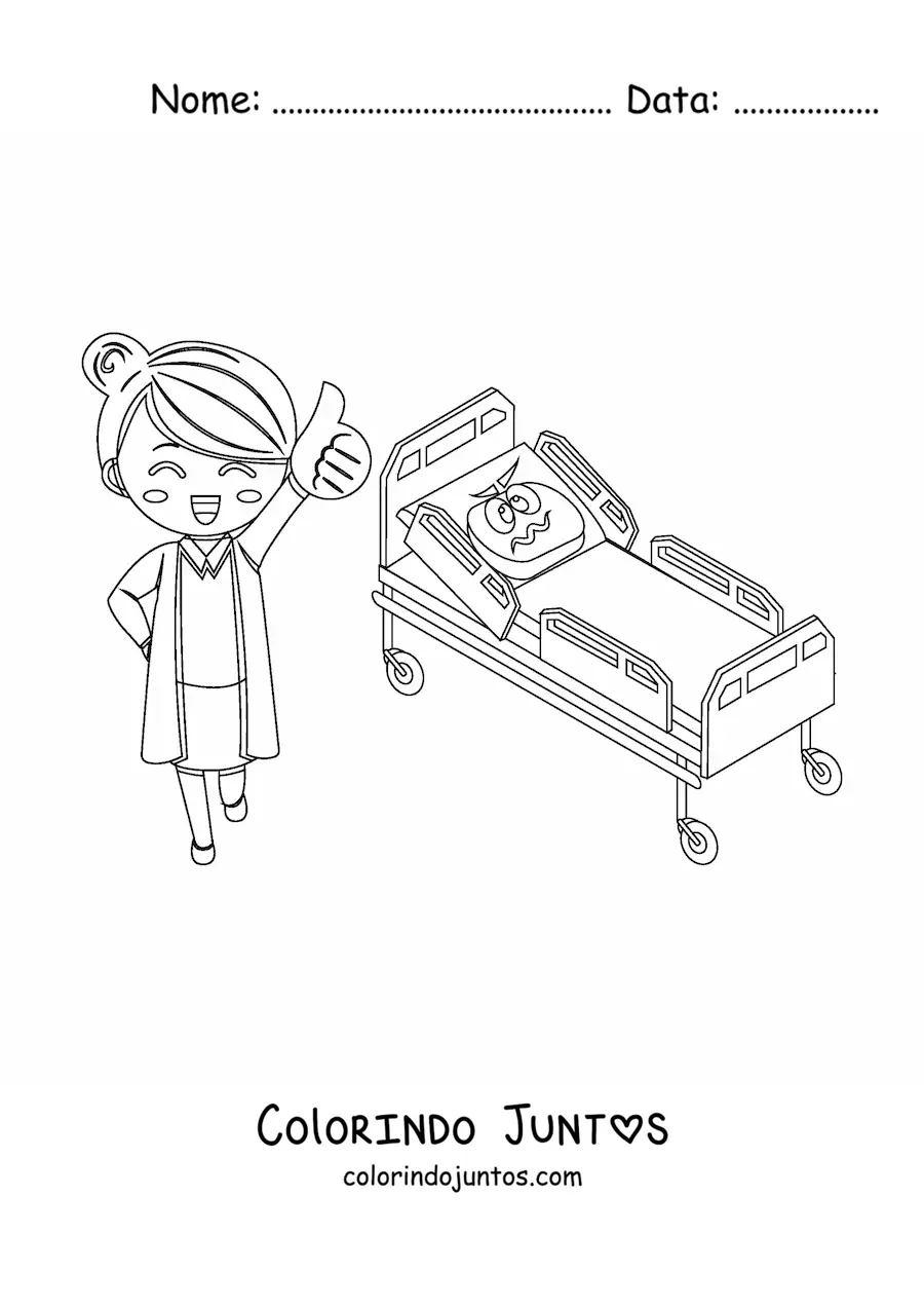 Desenho para colorir de uma enfermeira e uma cama de hospital animada