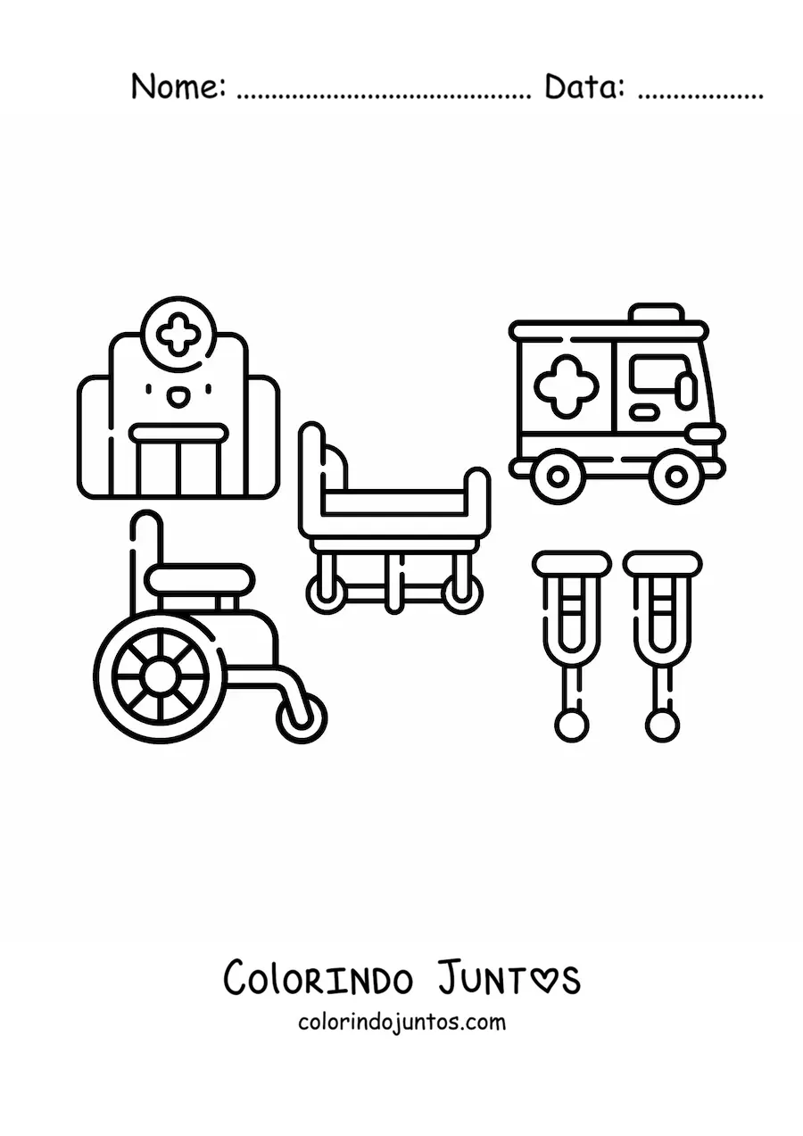 Desenho para colorir dos elementos do hospital