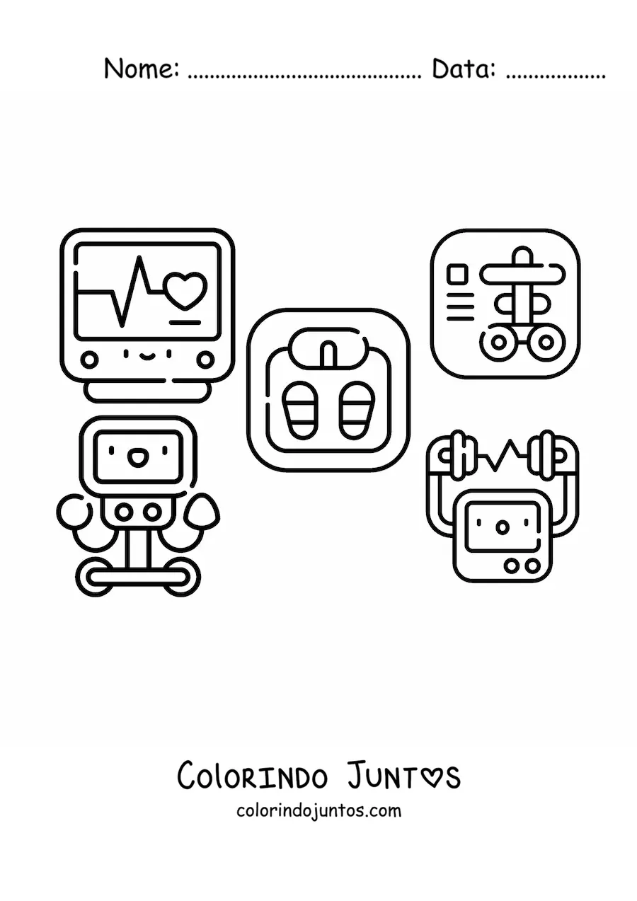 Desenho para colorir de vários elementos do hospital