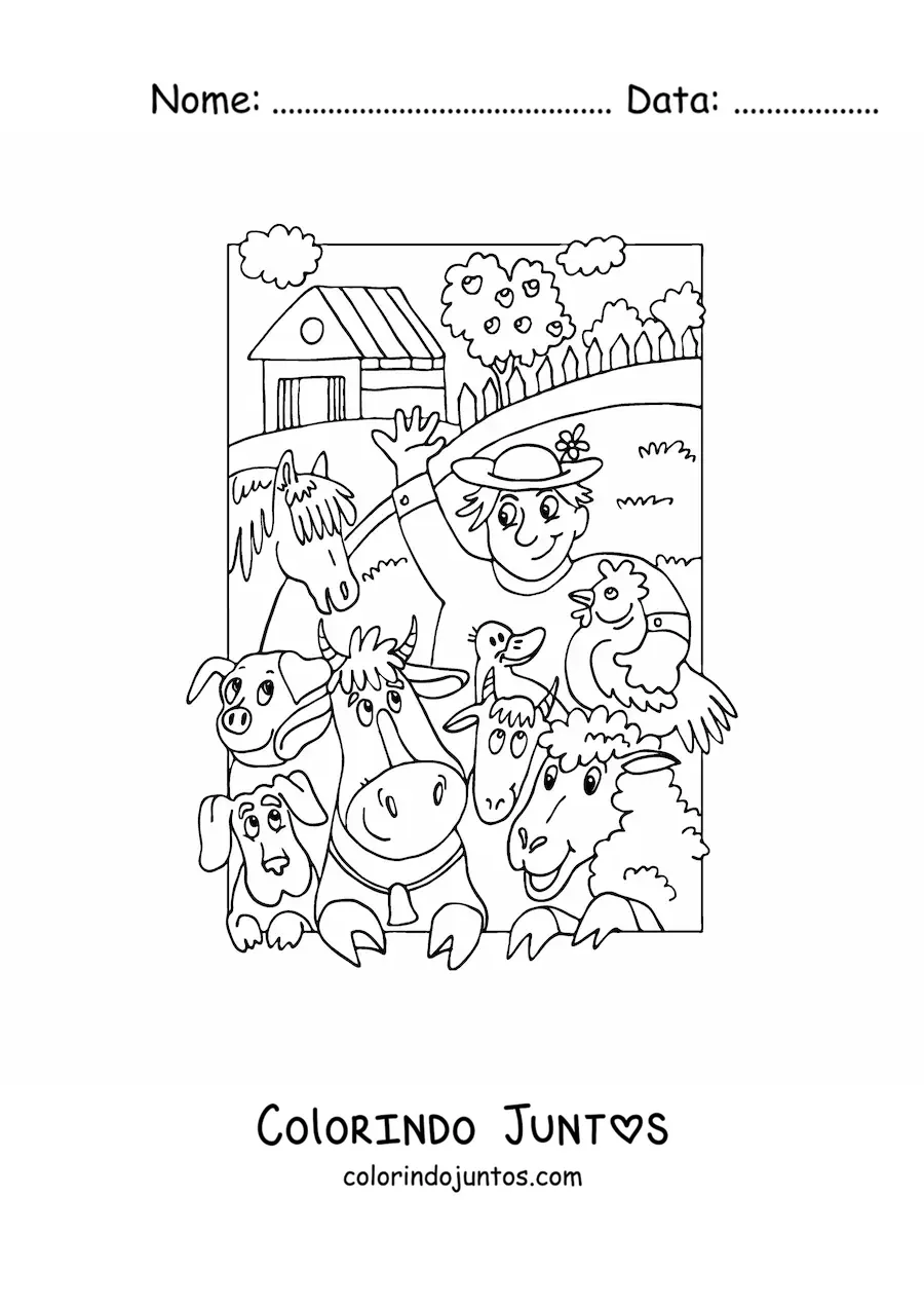 Desenho para colorir de um fazendeiro junto a animais animados