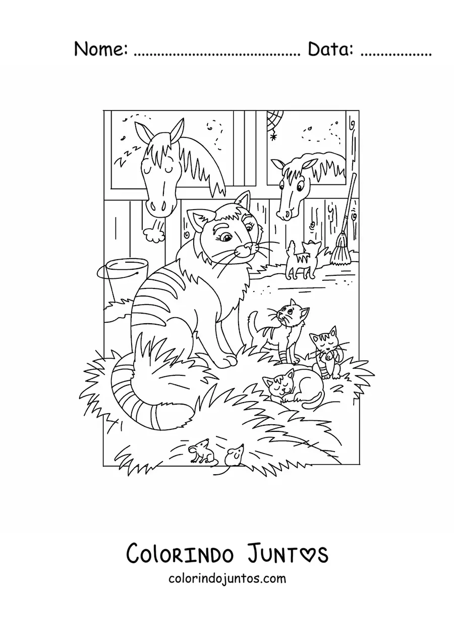 Desenho para colorir de quatro gatos animados e dois cavalos no estábulo