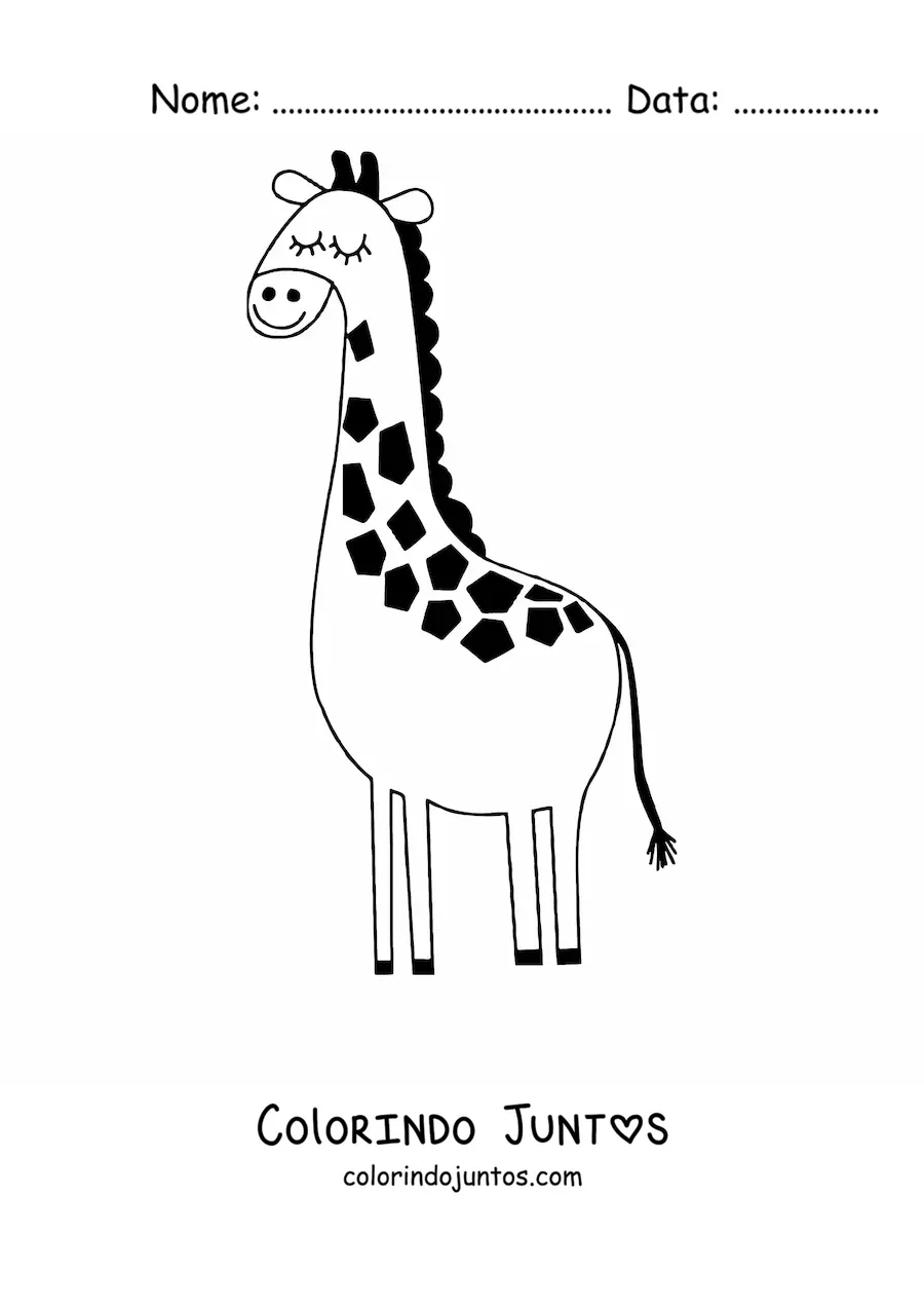 Desenho para colorir de uma girafa animada sorridente com os olhos fechados