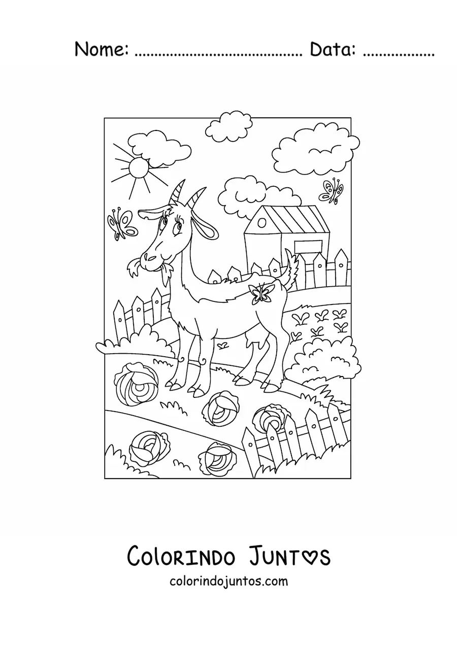 Desenho para colorir de uma cabra animada pastando na fazenda
