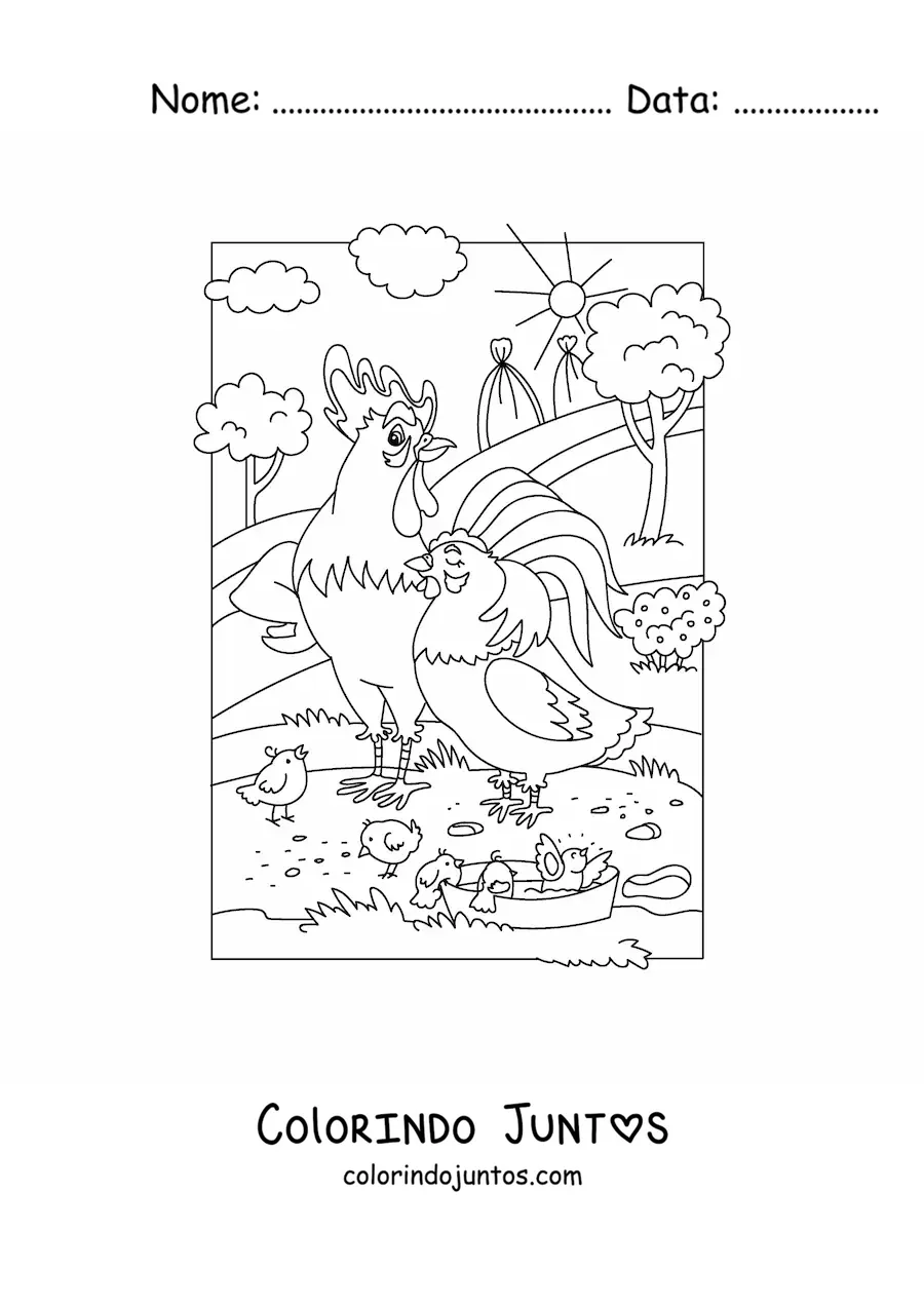 Desenho para colorir de uma galinha com um galo e pintinhos animados na fazenda