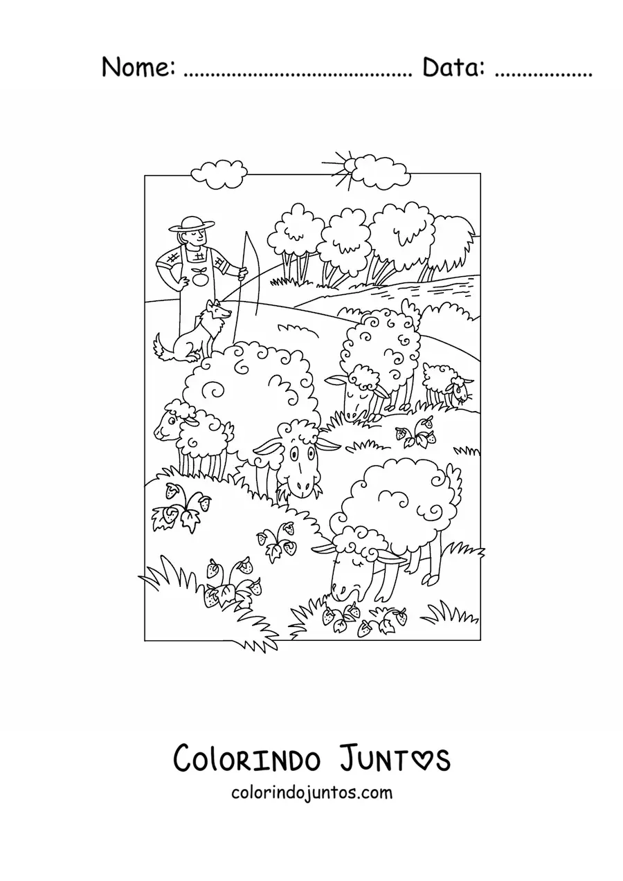 Desenho para colorir de um pastor junto às suas ovelhas pastando
