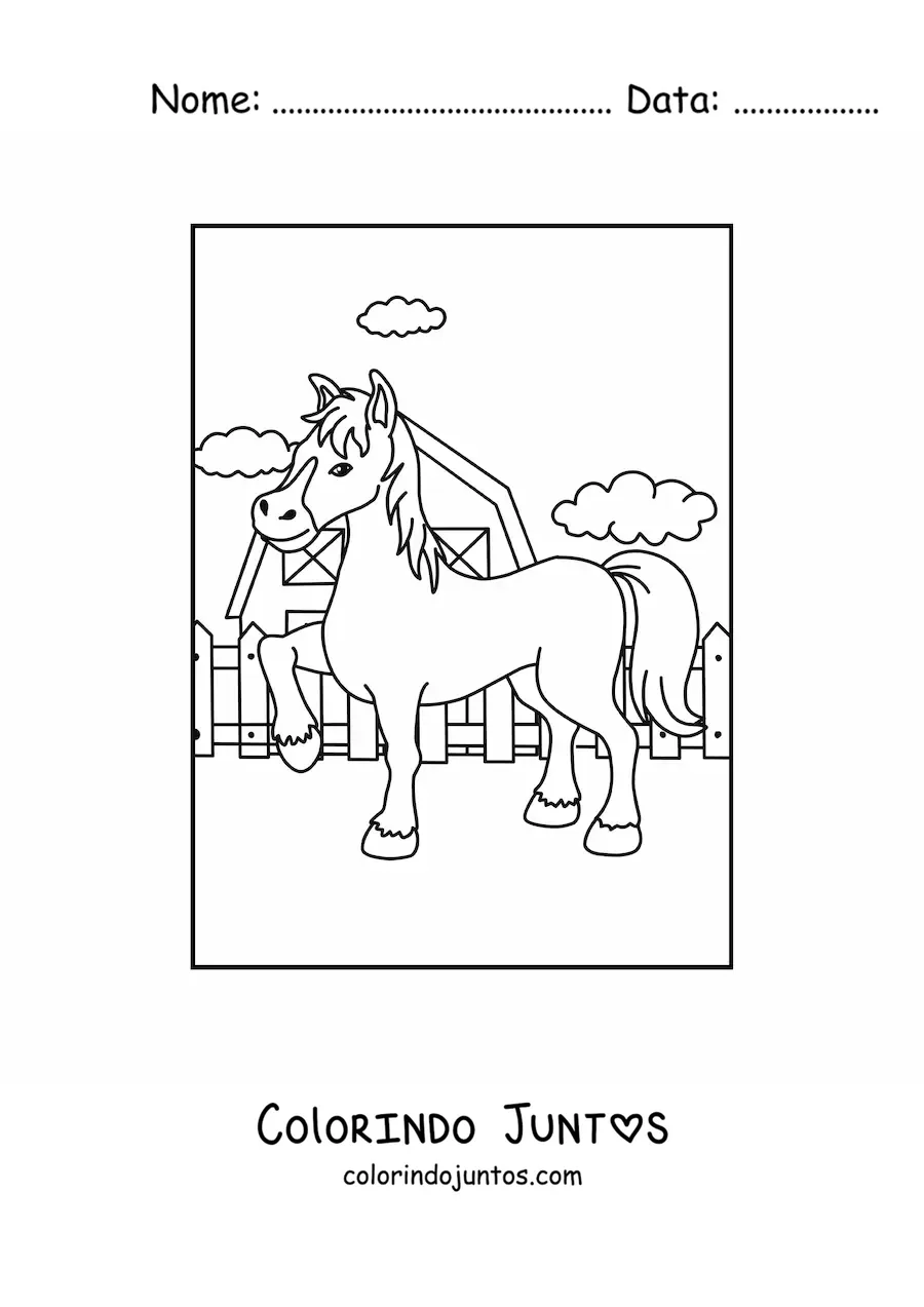 Desenho para colorir de um cavalo animado na fazenda