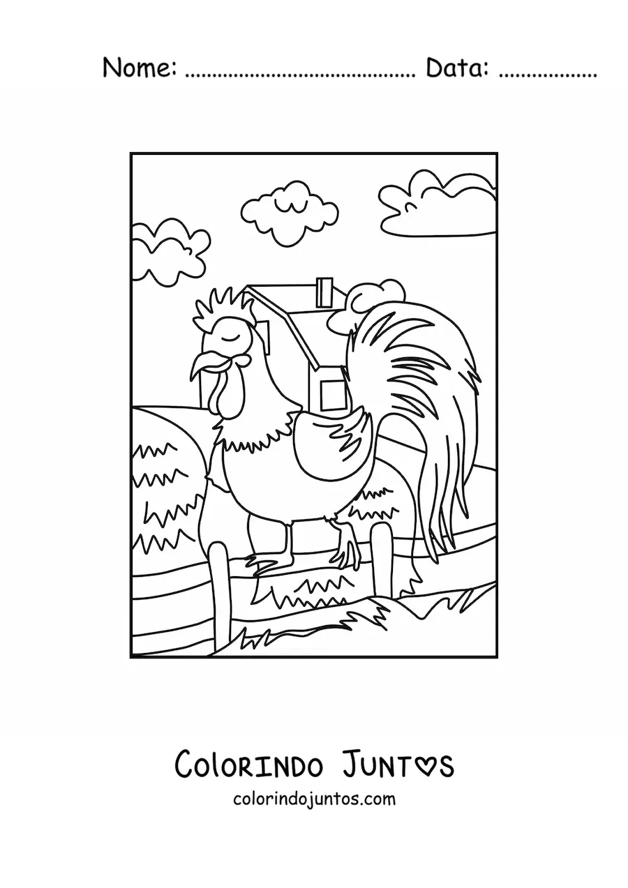 Desenho para colorir de um galo na fazenda