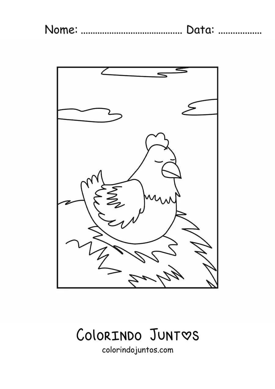 Desenho para colorir de uma galinha chocando