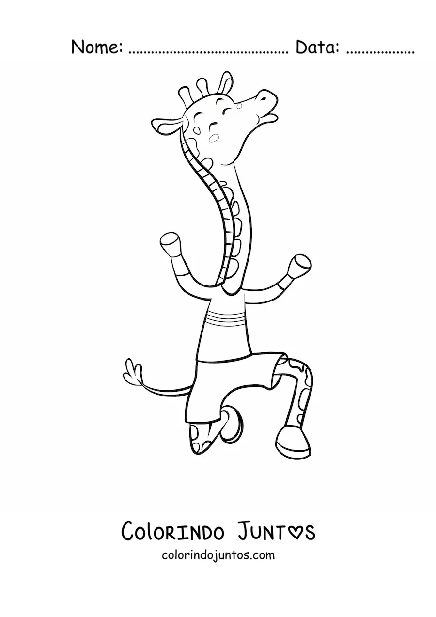 Desenho para colorir de uma girafa animada dançando em duas patas
