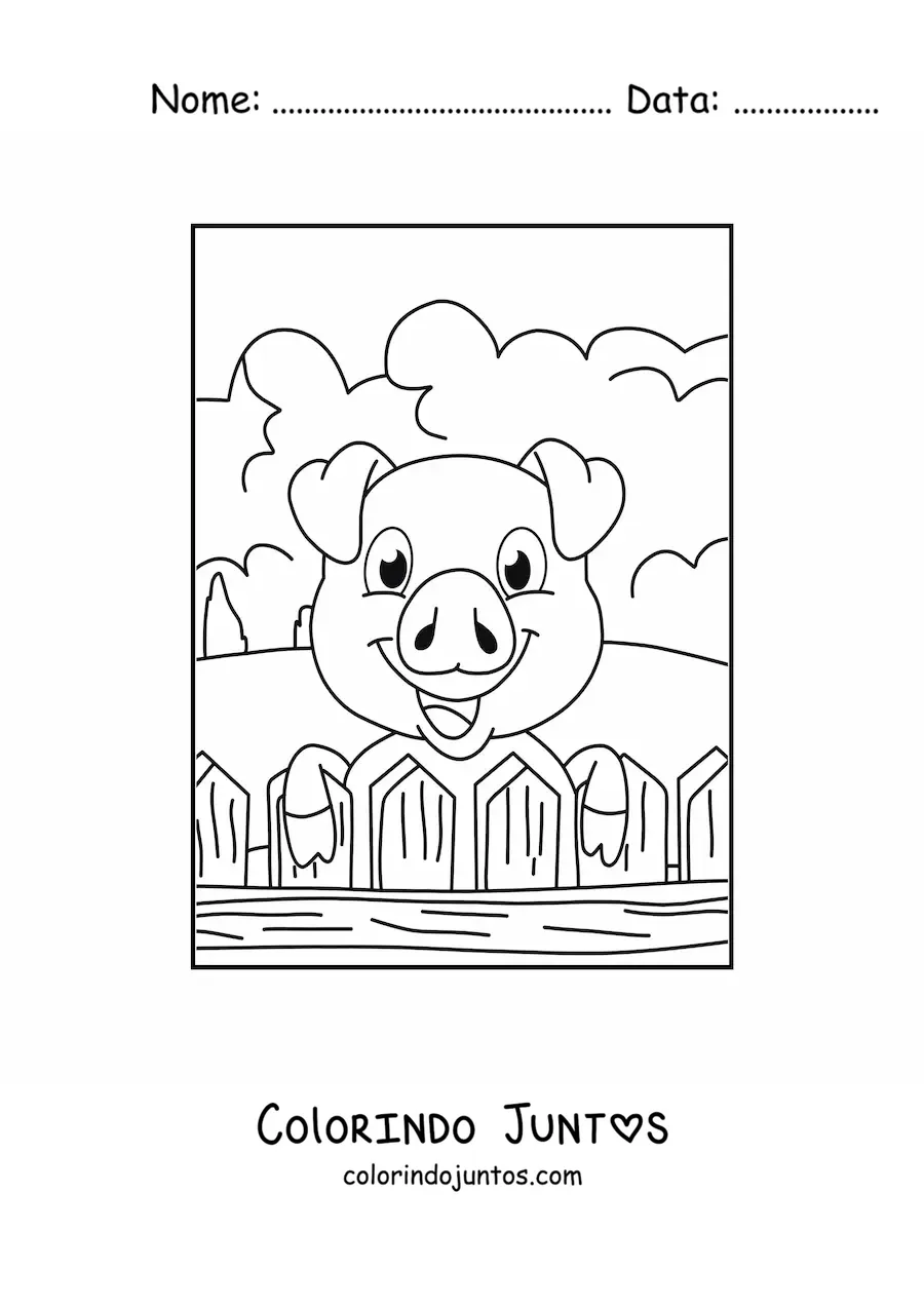 Desenho para colorir de um porco animado na fazenda