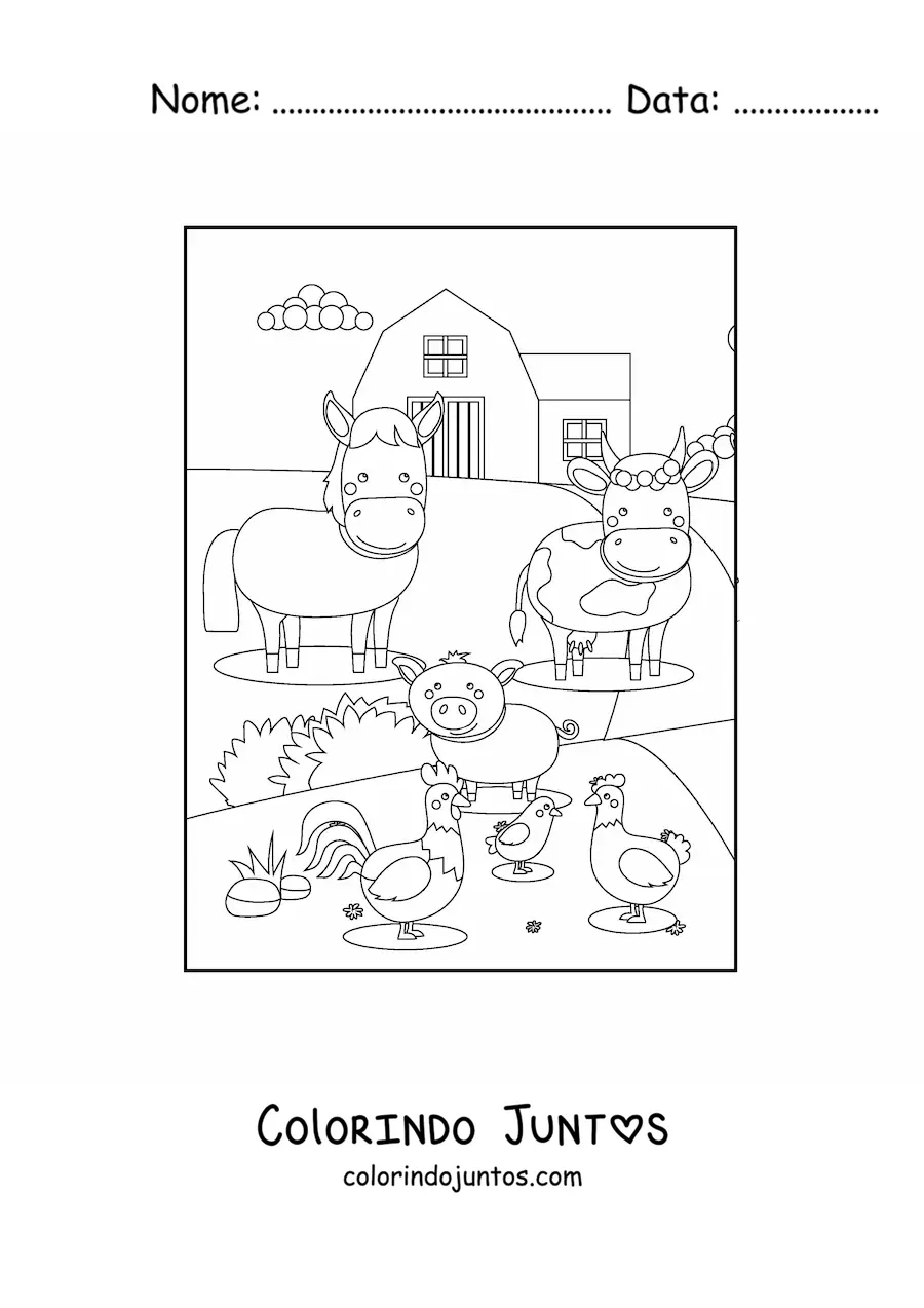 Desenho para colorir de vários animais de fazenda