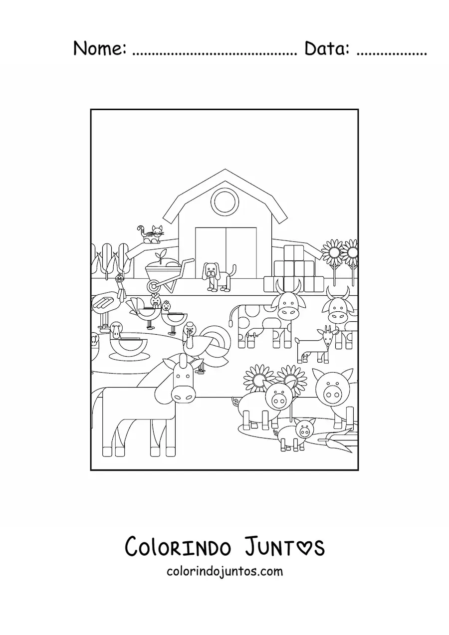 Desenho para colorir de uma fazenda com animais