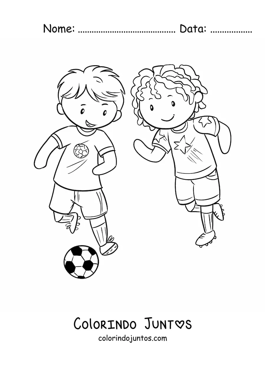 Desenho para colorir de uma menina e um menino jogando futebol