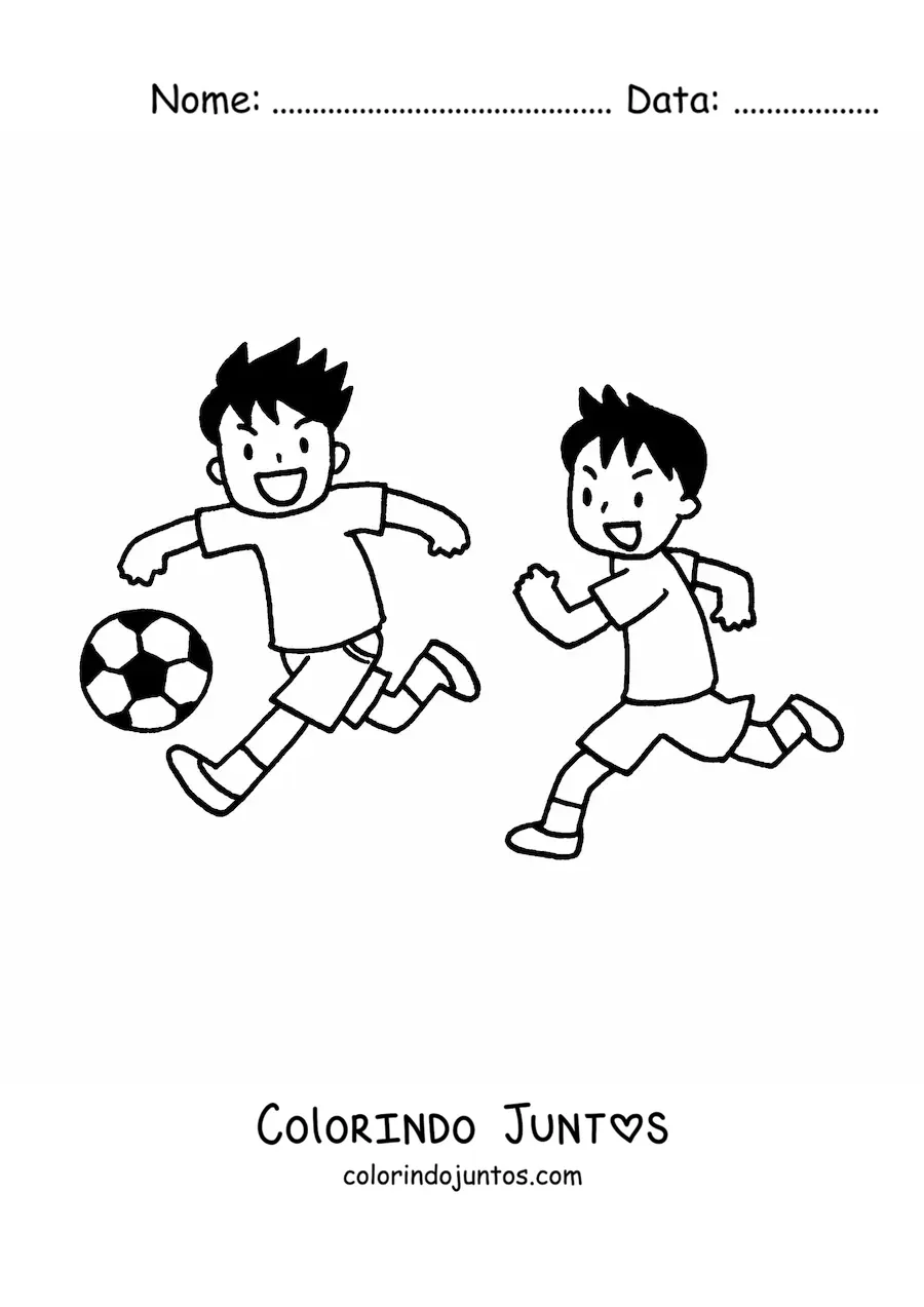 Desenho para colorir de duas crianças jogando futebol
