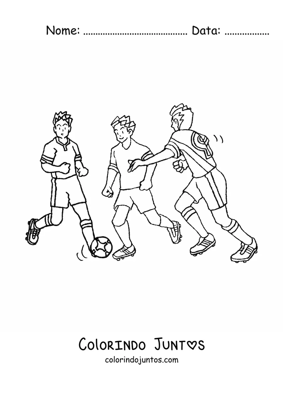 Desenho para colorir de três homens jogando futebol