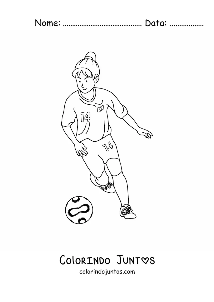 Desenho para colorir de uma menina jogando futebol