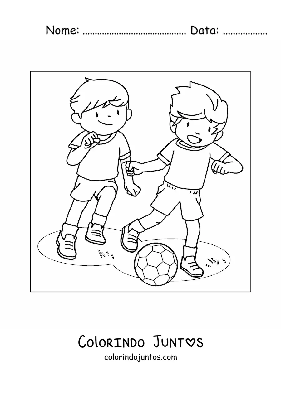 Desenho para colorir de duas crianças jogando futebol